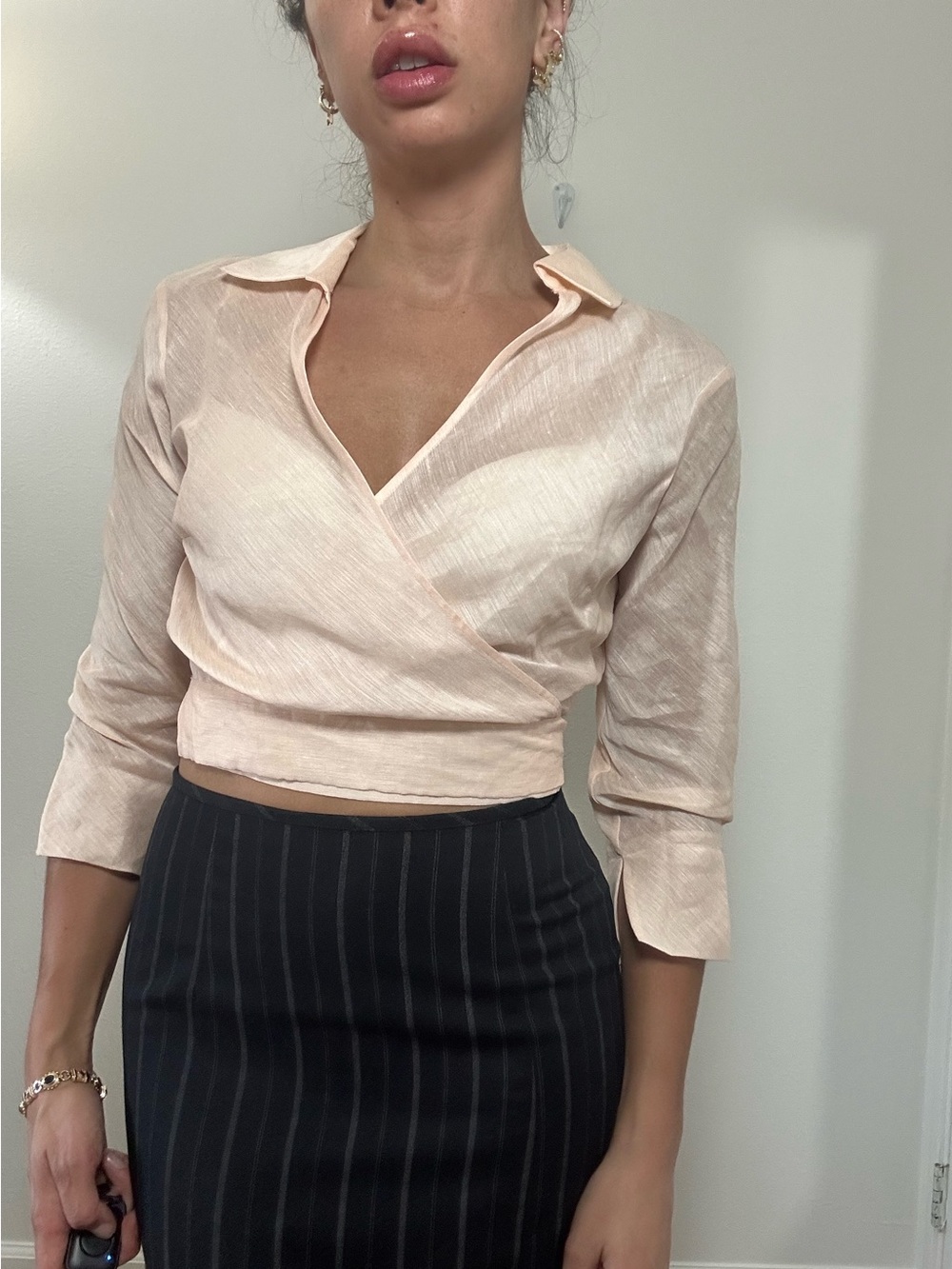 Vintage Bebe 90’s Blush Pink Linen-Silk Blend Long Sleeve Wrap Top Size S